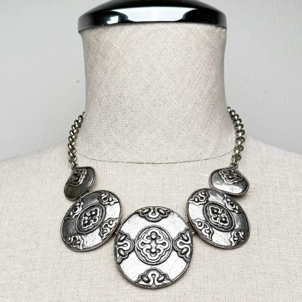 Statement Necklace Silver Tone Medallion Boho Chain 21" Chicos